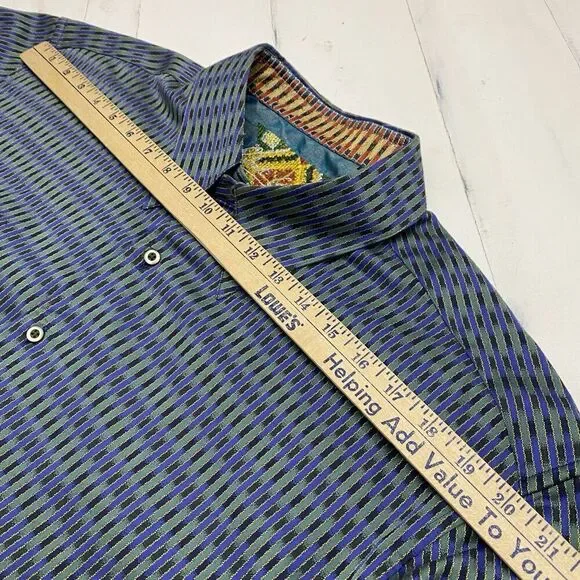 Robert Graham Men's 2XL Flip Cuff Blue Green Striped Geometric Dress Shirt - Picture 9 of 13